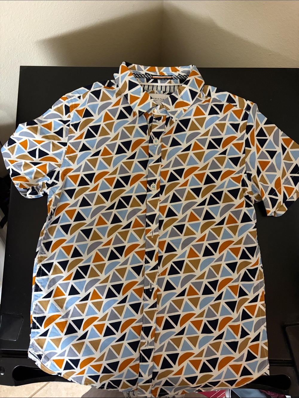 Boy's Short Sleeve Geometric Print Shirt - Blue, Navy, Gold